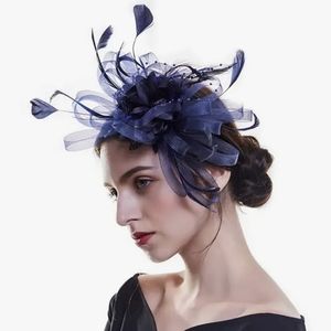 Gorgeous Navy Beloved Millinery Fascinator Side Loop Feathers Ribbon